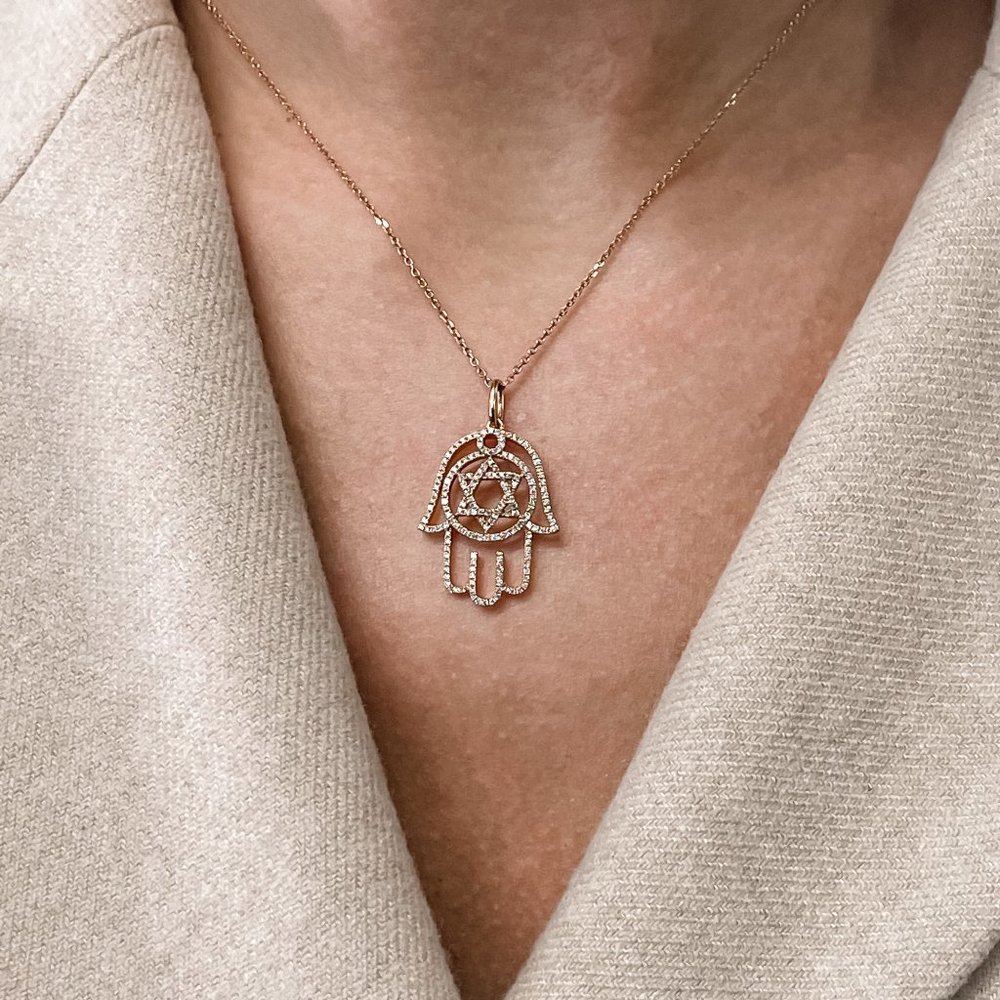 Rachel Koen Diamond Hamsa Ladies Pendant Necklace 18K Rose Gold 0.47Cttw